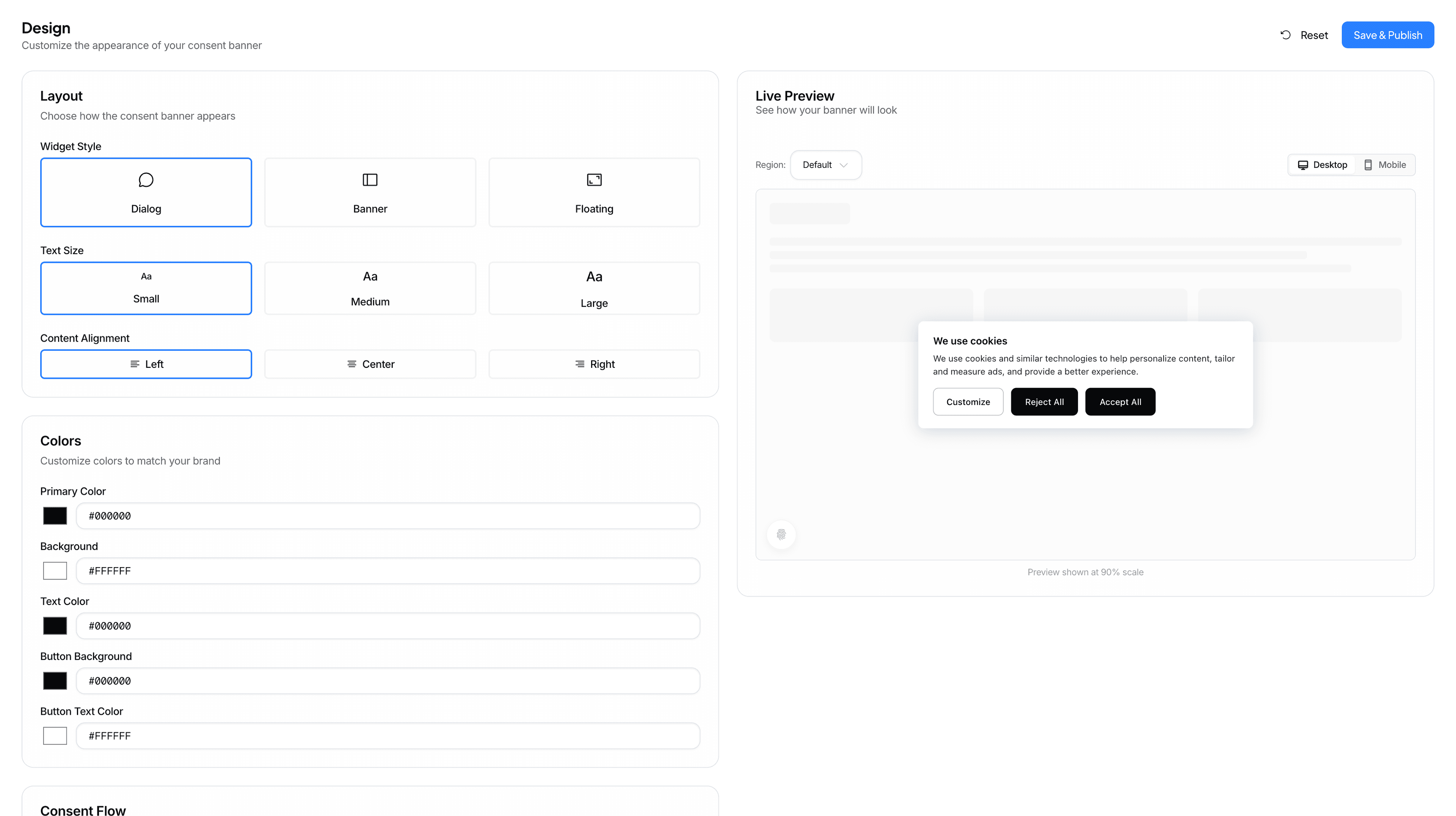 Cookie banner design customization in CookieFrame dashboard