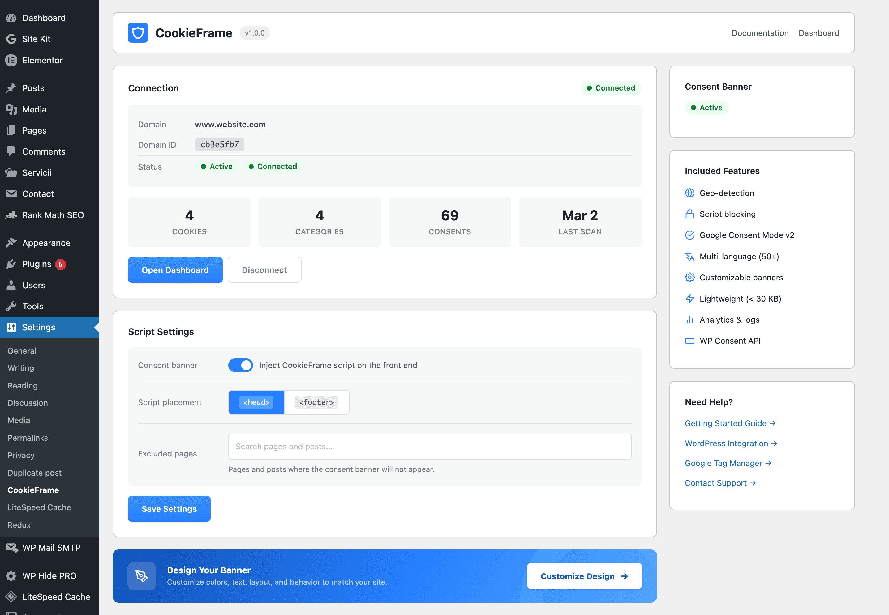 CookieFrame WordPress plugin settings