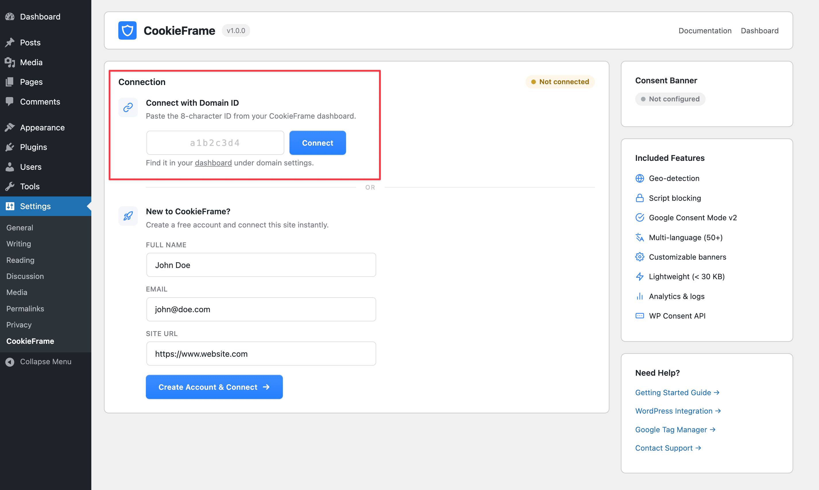 CookieFrame WordPress plugin setup — enter your Domain ID